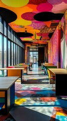 Poster - A colorful room with a lot of chairs and tables. The walls are covered in a colorful design