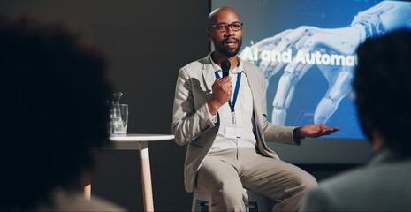 Poster - Black man, stage and microphone at conference for technically and AI discussion as public speaker. Male person, screen and presentation for global networking, seminar and summit in auditorium