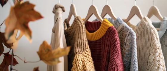 A collection of cozy knit sweaters in autumnal colors hangs neatly on wooden hangers, perfectly embodying the essence of fall fashion.