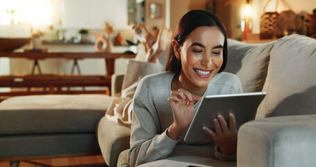 Poster - Relax, smile and tablet with woman on sofa in living room of home for online shopping at night. App, ecommerce and technology with happy person in apartment for social media browsing on weekend