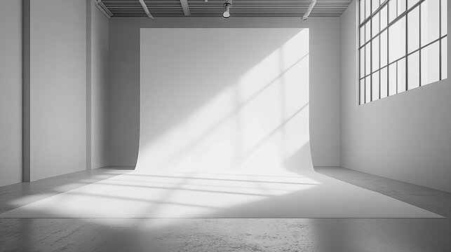 Minimalist studio with large windows, white backdrop, and grey floor, creating an ideal setting for photography shoots.