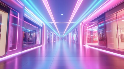 Poster - A neon-lit shopping mall with a long, empty hallway