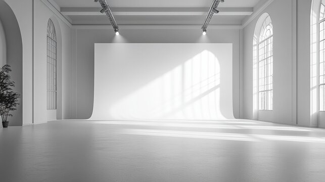 Bright white studio featuring large windows, a pristine backdrop, and a soft grey floor, perfect for minimalist photography.