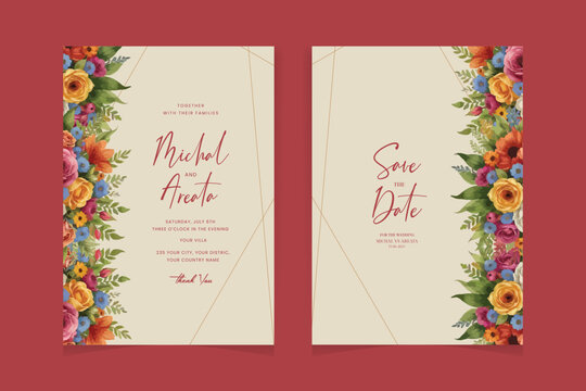 Elegant abstract Background. Wedding invitation card template set with blue watercolor and floral decoration. Flowers border for save the date, greeting, poster, and cover design
