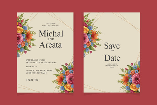Elegant abstract Background. Wedding invitation card template set with blue watercolor and floral decoration. Flowers border for save the date, greeting, poster, and cover design
