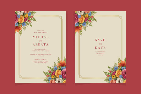 Elegant abstract Background. Wedding invitation card template set with blue watercolor and floral decoration. Flowers border for save the date, greeting, poster, and cover design
