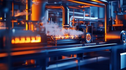Poster - A complex arrangement of pipes and machinery emits steam while glowing orange. The machinery operates within an industrial environment during a busy late evening, showcasing mechanical efficiency.