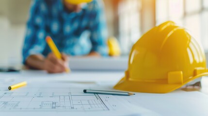 Architect or engineer working on detailed construction blueprints with a yellow safety helmet on the desk at a building site office.