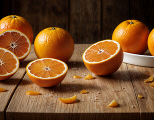 Fresh orange and half of fresh orange arranged on white background. Splashing water. For food and drink design