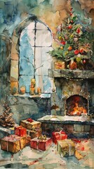 Poster - A painting of a Christmas scene with a fireplace and a Christmas tree. The painting is done in watercolor and has a warm, cozy feeling