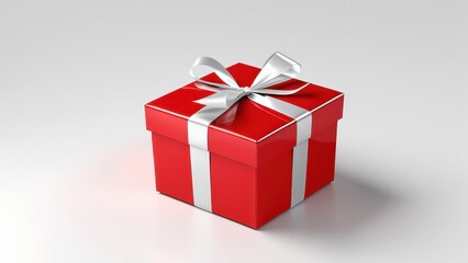 A shiny red gift box with a white ribbon, symbolizing celebration and giving.