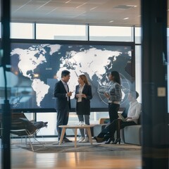 A group discusses global strategies in a sleek office with a world map display, highlighting teamwork, international relations, and modern business acumen.