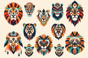 Poster - Lion heads featuring colorful tribal ornaments in a layout.