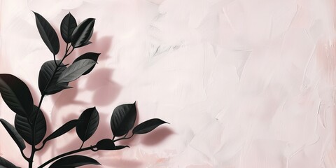 Wall Mural - Elegant black plant silhouette casting shadows on a soft pink textured background, perfect for modern and minimalist designs.