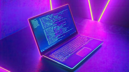 A laptop with code on the screen in a neon light setting.
