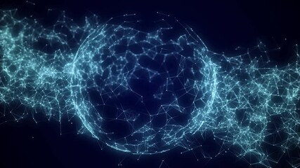 Poster - Sci-fi blue sphere with network connection on cyberspace with moving particles. Big data visualization. Wireframe sphere. Abstract technology background. 3d rendering.