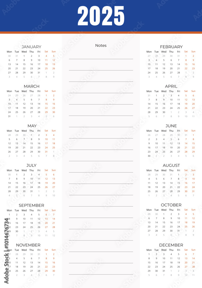 Calendar 2025 with notes in center, 2025 Calendar week starts Monday ...