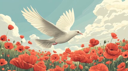 Sticker - Majestic White Dove Flying Over a Vibrant Field of Red Poppies Under a Clear Blue Sky