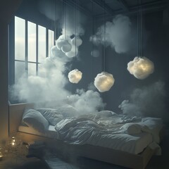 Poster - A bedroom with a bed and smoke in the air. The smoke is coming from a light fixture that is hanging from the ceiling. The room has a dreamy, ethereal atmosphere