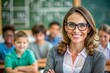 © Евгений Порохин - A teacher is smiling and posing for a picture with her students