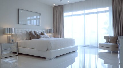 Poster - This spacious bedroom features a plush white bed, stylish decor, and large windows allowing plenty of natural light to brighten the room. Sleek furnishings add to the modern aesthetic.