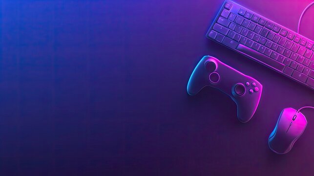 A white keyboard, a black mouse, and a black gamepad on a pink and blue gradient surface, creating a copy space for your text.