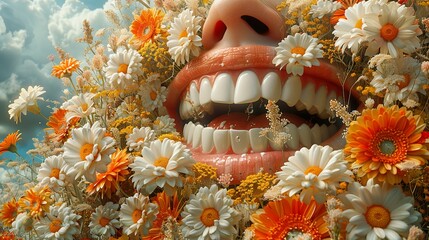 Wall Mural - surreal mouth filled with daisies - digital art