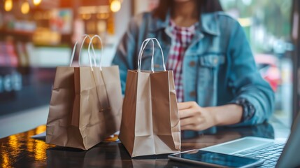 A woman sits at a table with two paper bags and a laptop, enjoying a moment of relaxation after a successful shopping trip.