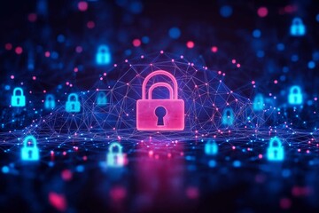Poster - Blue and red image of a key and lock. There are many keys and locks in the image. Business brainstorm session with cyber security experts
