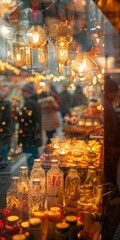 Poster - A window display of bottles and other items with a warm, festive glow. The scene is likely set during the holiday season, with people walking by and admiring the display