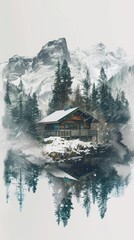 Canvas Print - A cabin is surrounded by trees and snow. The cabin is small and cozy, with a wooden exterior. The snow-covered landscape creates a peaceful and serene atmosphere