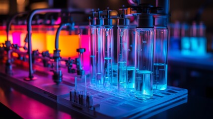 Leinwandbilder - A series of clear beakers containing a transparent, pale blue liquid stand on a rack in a laboratory setting