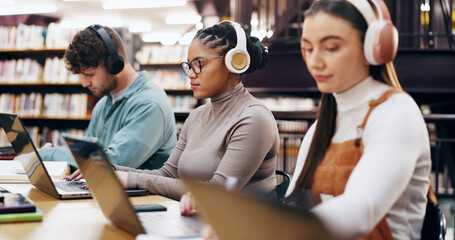 Aufkleber - People, learning and laptop in library with headphones, planning and working on research assignment. Student group, exam preparation and music with tech for education, connectivity and online course