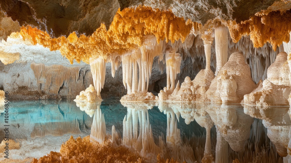 Stalactites and stalagmites slowly forming in a cave, shaped by ...