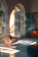 Canvas Print - A room with a chair and a table. The room is bright and sunny, with sunlight streaming in through the window