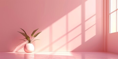 Wall Mural - A minimalist room with pink walls, large windows casting shadows, and a potted plant in a white vase.