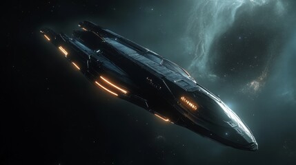 Fototapete - A futuristic spacecraft glides through the cosmos, bathed in the glow of distant stars and nebulae, showcasing its sleek design and advanced technology in deep space.