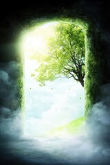 Aufkleber - A Magical Tree of Life Standing at the Open Door, Inviting Abundance and Growth Into the World
