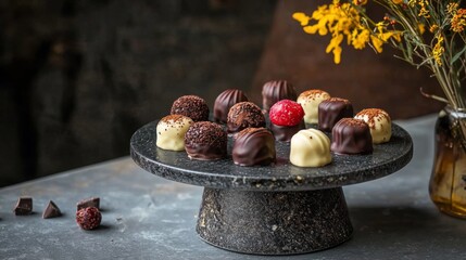 Assorted chocolate truffles beautifully arranged on a platter. Sweets, confectionery and treats