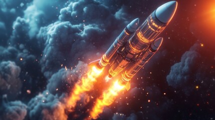 Poster - A sleek rocket ascends powerfully into the vastness of space, surrounded by swirling clouds and fiery exhaust. Bright lights illuminate the scene, capturing the awe of space exploration.