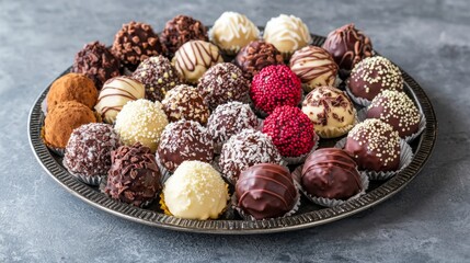 Assorted chocolate truffles beautifully arranged on a platter. Sweets, confectionery and treats