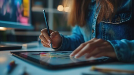 Creative digital artist working on a colorful design project at night using a tablet and computer in a modern workspace