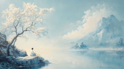 A peaceful Asian landscape artist, immersed in his work, with a calm, pale blue background