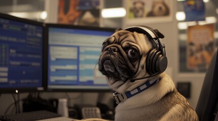 Poster - A pug is sitting in an office chair, wearing headphones and looking at the camera. It is sitting at a desk with two computer monitors behind it. There is a keyboard in front of the dog.