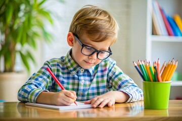 A young boy is sitting at a desk with a pencil and a piece of paper