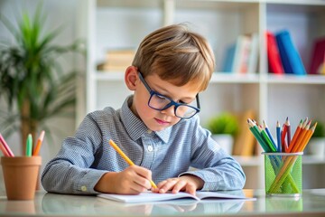 A young boy is sitting at a desk with a pencil and a piece of paper