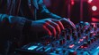 © Zaenal - A close-up of a DJ's hands mixing music on a soundboard with red and blue lights.