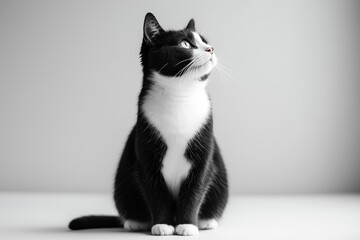 Black and white cat on white background. Cat portrait background. Portrait of a cute cat.