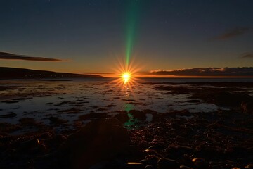 Poster - Rare Green Ray Phenomenon at Sunset Over the Ocean Shoreline in a Tranquil Coastal Setting
