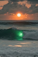 Poster - A Captivating Green Ray Phenomenon at Sunset Over the Ocean Waves